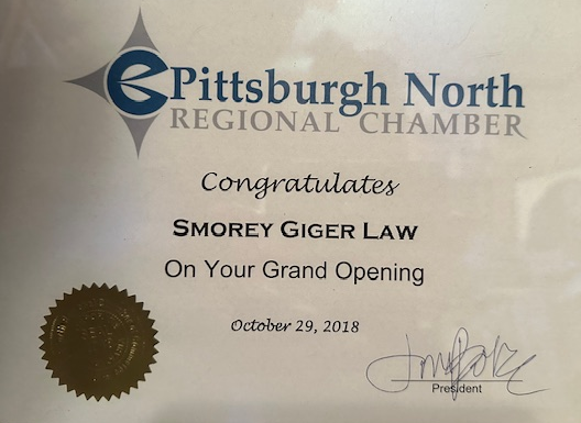 Certificate from Pittsburgh North Regional Chamber to Smorey Giger Law